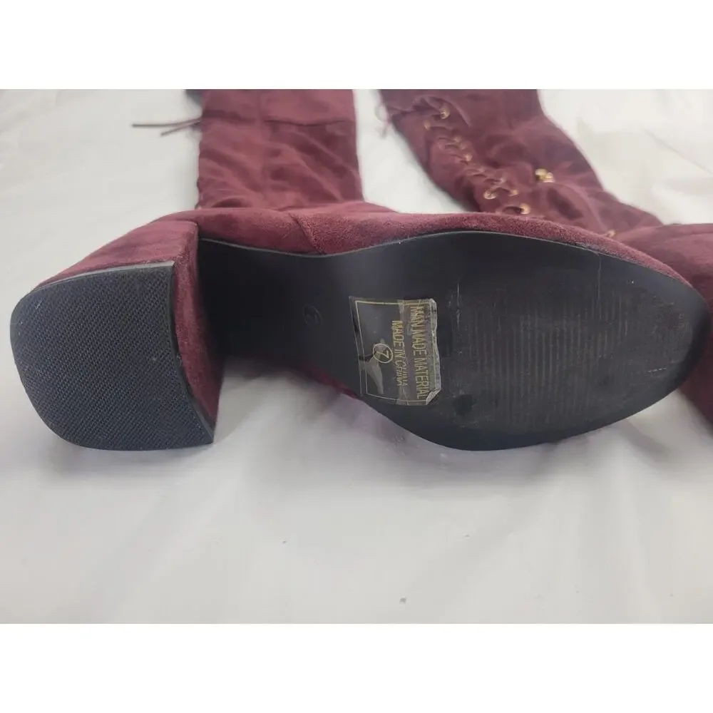Indulge Size 7 Suede High Heel Over The Knee Boots Lace Up Zip Burgundy Maroon